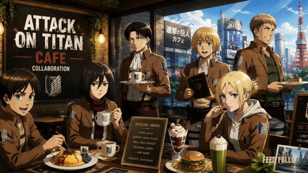Attack on Titan Café in Tokyo featuring new WIT Studio illustrations of Eren, Mikasa, Armin, Levi, Hange and Erwin