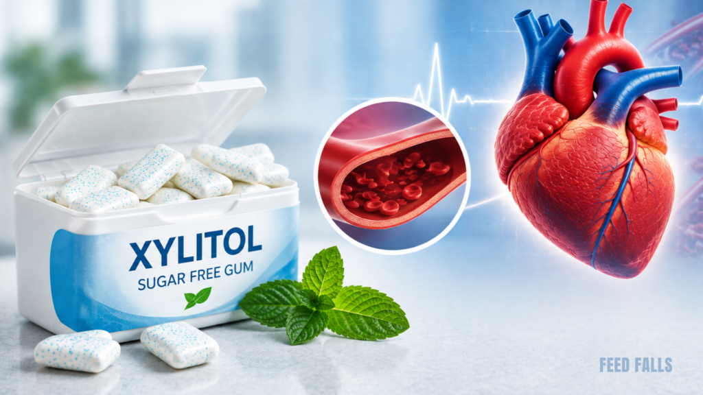 Xylitol artificial sweetener in sugar-free gum alongside a heart health illustration