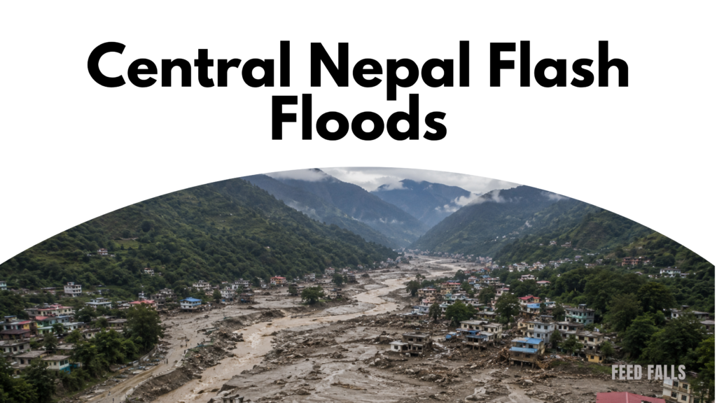 Flash flood damage and debris covering a community in central Nepal after the August 2026 disaster