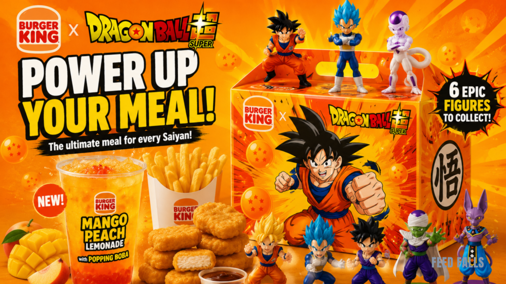 Dragon Ball Super Burger King meal with chicken nuggets, fries, lemonade and collectible character figures