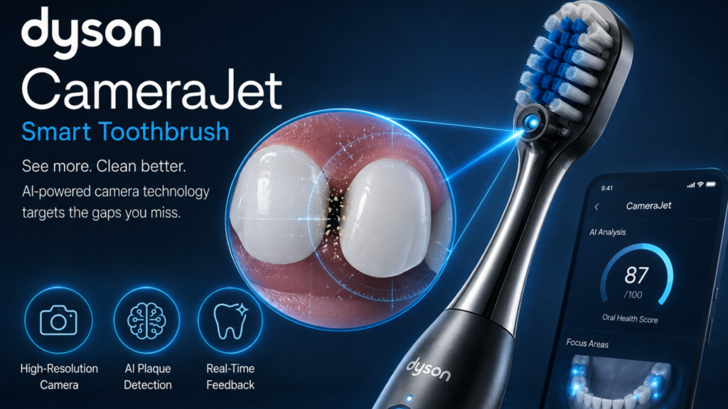 Dyson CameraJet toothbrush with built-in camera and AI-powered jet targeting gaps between teeth