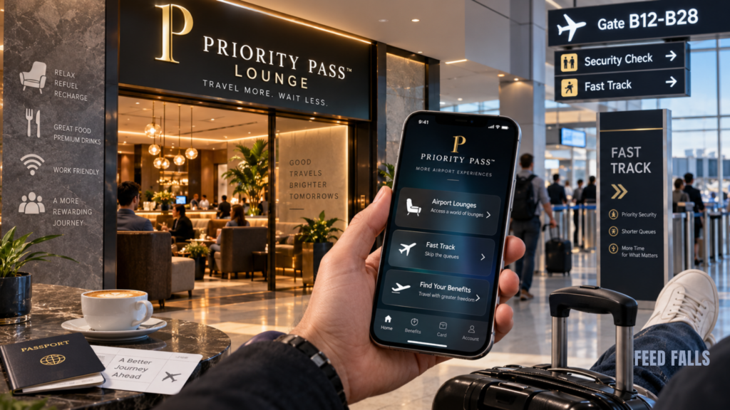 Traveler using a Priority Pass app for airport lounge and Fast Track access