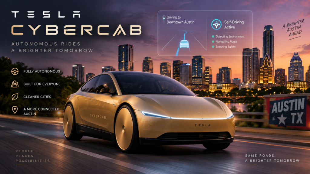 Gold Tesla Cybercab autonomous robotaxi driving through Austin, Texas