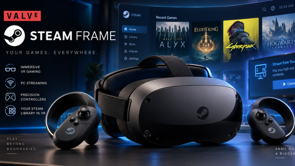 Current image: Valve Steam Frame wireless VR headset with controllers and Steam gaming interface