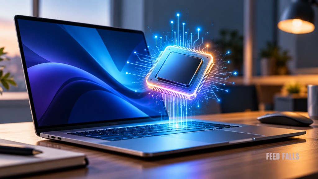 Illustration of an open laptop on a desk with a glowing processor chip above it